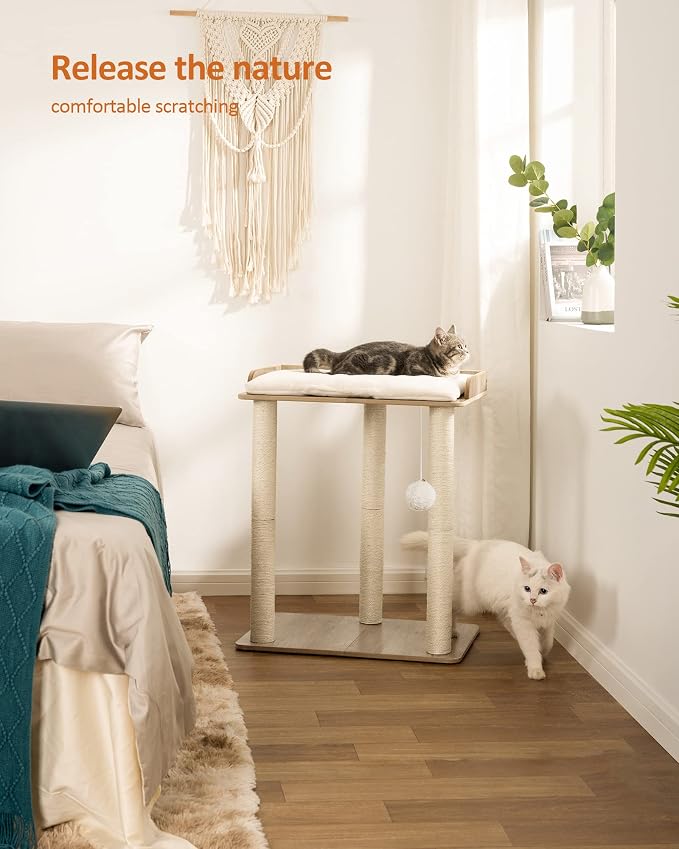 26.7in Large Cat Tree Tower Condo, Cat Scratch Posts for Indoor Cats, Big Plate, Three 23.6in Full Sisal Scratching Posts, Greige