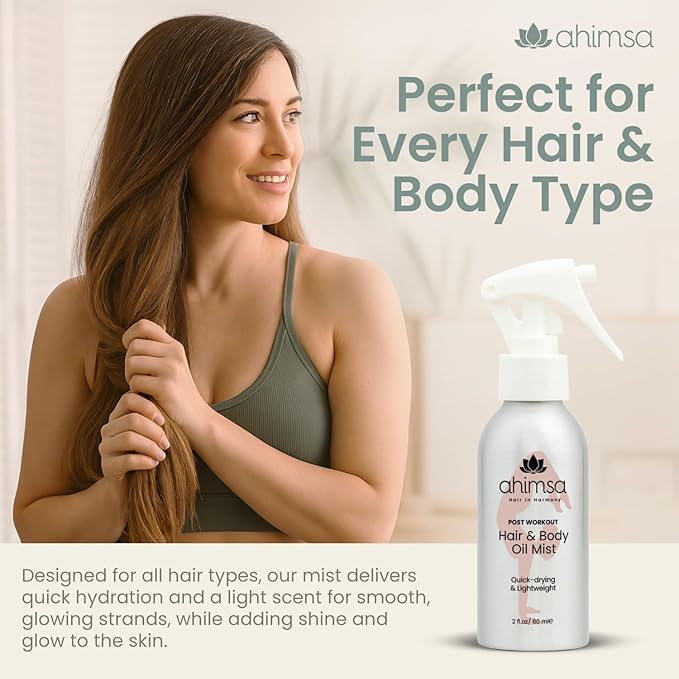 Ahimsa Hair & Body Oil Mist Spray, Lightweight Hydrating Glow Mist with Coconut Argan & Jasmine, Fast-Drying Non-Greasy Shine Spray, Natural Hair Perfume for Women & Body Oil in Clean Formula (2oz)