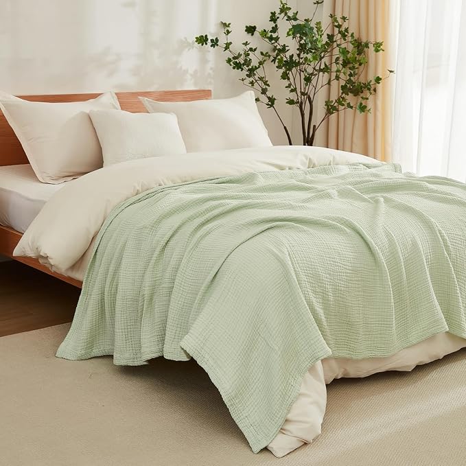 EMME Muslin Blankets for Adults Throw Blanket for Couch Breathable Gauze Soft Lightweight Airy Mint Green Queen 90" x 90"