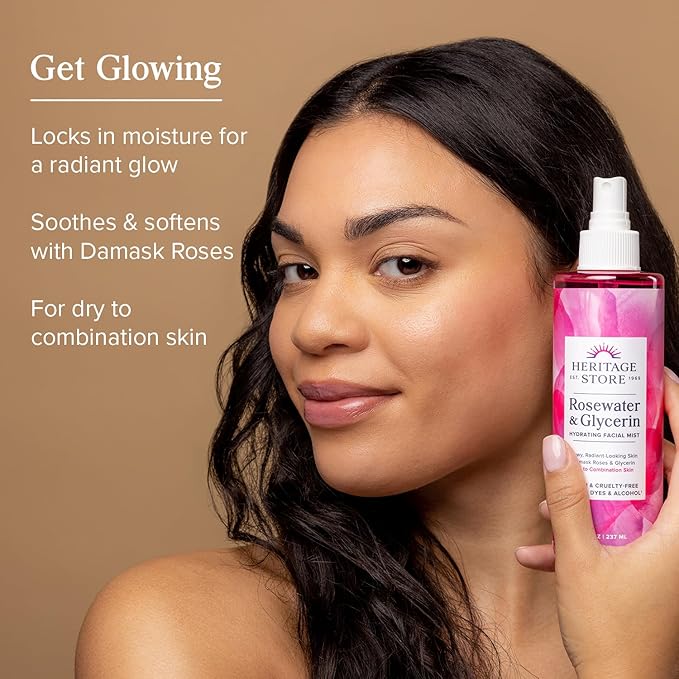 HERITAGE STORE Rosewater & Glycerin Hydrating Facial Mist - Dry Combination Skin Care - Rose Water Spray w/ Vegetable Glycerine, Made Without Dyes or Alcohol, Hypoallergenic, Vegan, Cruelty Free, 4oz