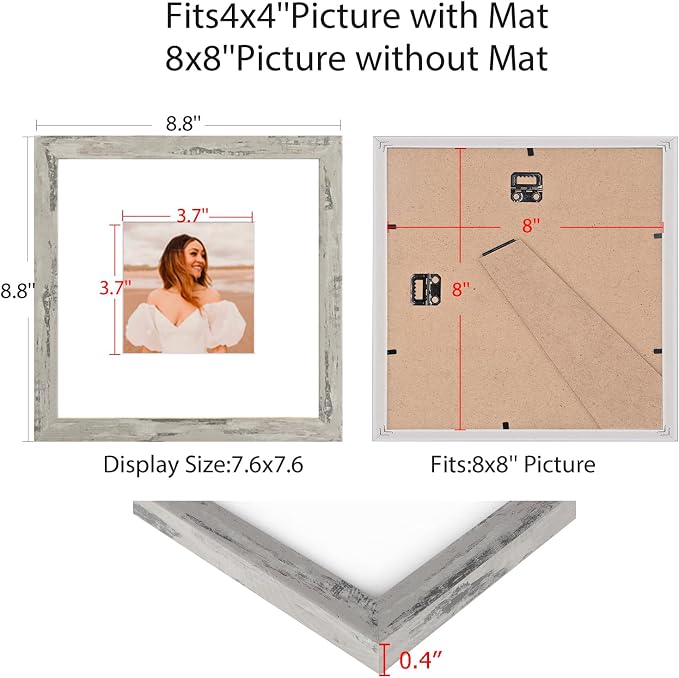 8x8 Picture Frame Set of 9, Display Pictures 4x4 with Mat or 8x8 without Mat, Multi Collage Gallery Square Photo Frames for Wall or Tabletop, Distressed Gray