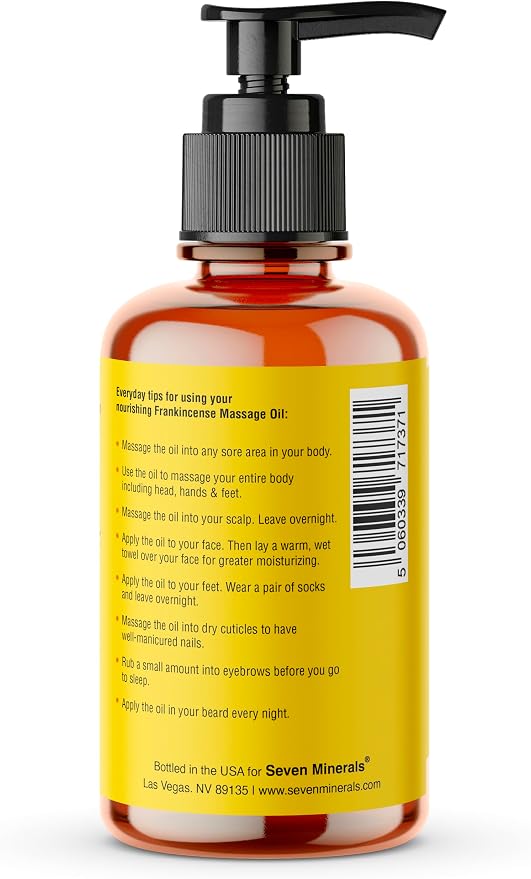 Seven Minerals Frankincense Massage Oil for Massage Therapy - 4oz - Ideal for Professional or at-Home Body Massage. Soothing Natural Blend of Almond, Jojoba & Vitamin E