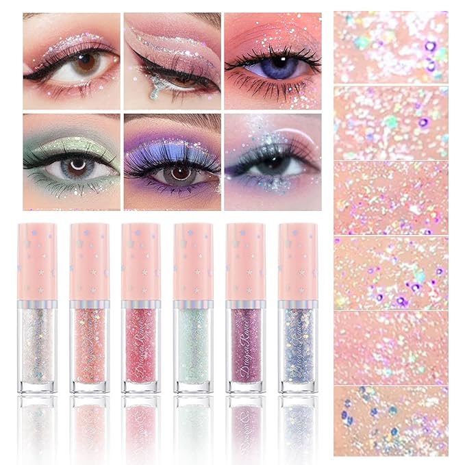 BONNIE CHOICE 6Pcs Liquid Glitter Eyeshadow Eyeliner, Korean Makeup Glitter Shinning Eye Liner Long Lasting Quick Drying Pigmented Loose Bling Under Eye Shadow Makeup Valentine's Day Gifts for Women