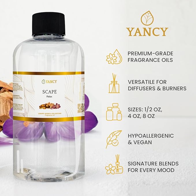 YANCY Scape Luxury Collection Fragrance Oil (8 oz), Sandalwood and Amber Scent, Versatile Aroma for Diffusers, Oil Burners & Aroma Lamps, Premium Fragrance Oil for Relaxing Home Ambiance