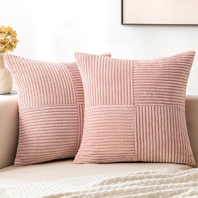 MIULEE Pillow Insert 18x18 Inch Pink Corduroy Pillow Covers Pack of 2 Boho Decorative Spliced Throw Pillow Covers