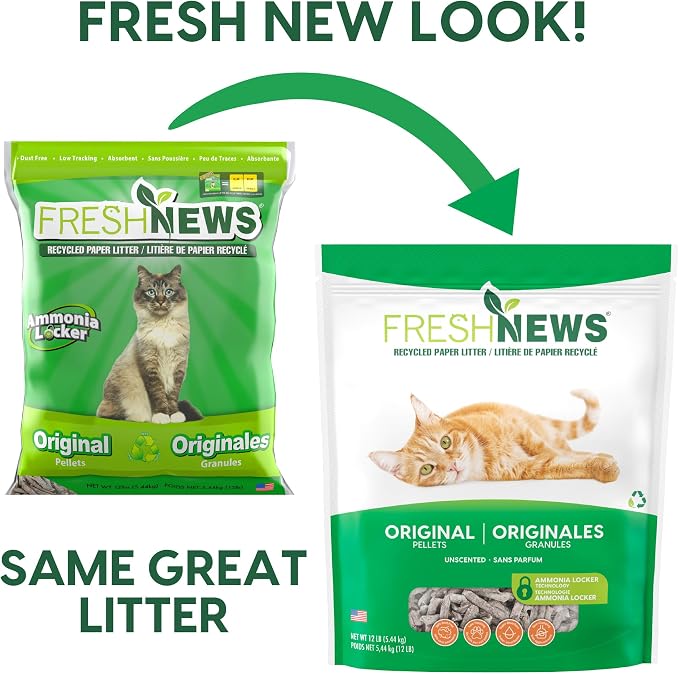 Fresh News Recycled Paper Original Pellet Cat Litter, 12 Pound, Non-Clumping, Unscented, Made in USA (Pack of 3)