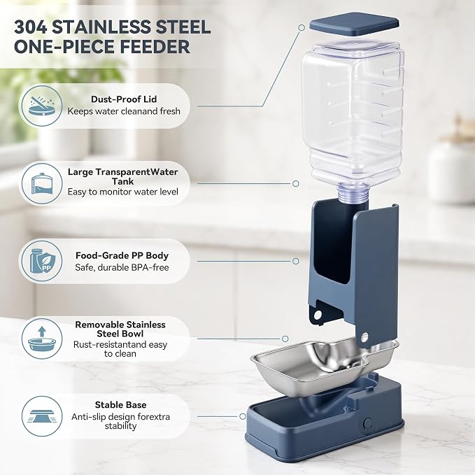 2 Pack Automatic Cat Feeder Stainless Steel Gravity Food and Water Dispenser for Small Medium Kitten Puppy Pets (Blue)