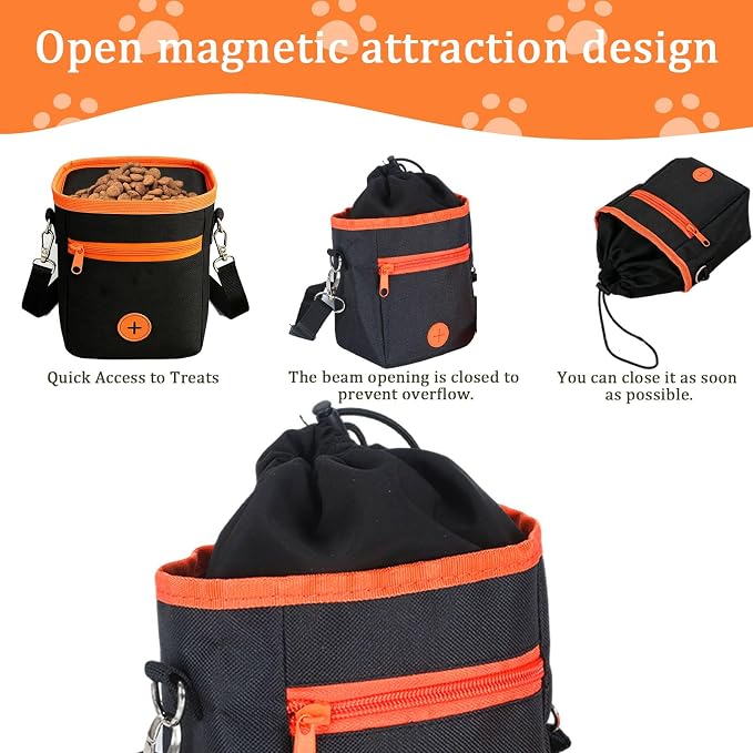 Dog Treat Pouch for Training, 2 Cup Dog Food Storage Bag with Poop Bag Dispenser, Collapsible Bowl, Adjustable Shoulder Strap, Kibble Carrier for Walking Hiking Camping, Orange Black