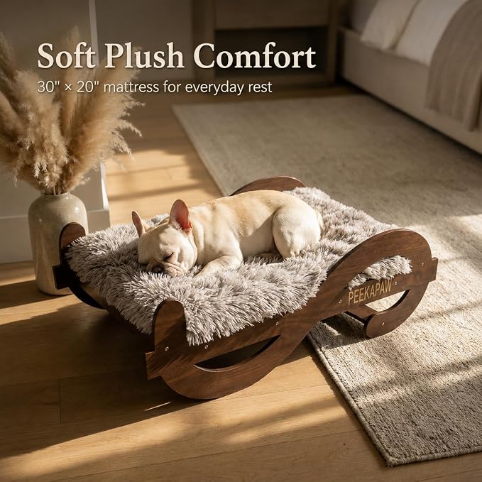 Wooden Elevated Dog Bed with Plush Mattress,M, Up to 60 lb | Raised Dog Bed Furniture with Walnut GrainPattern Frame, Designer Pet Sofa for Indoor Home Decor