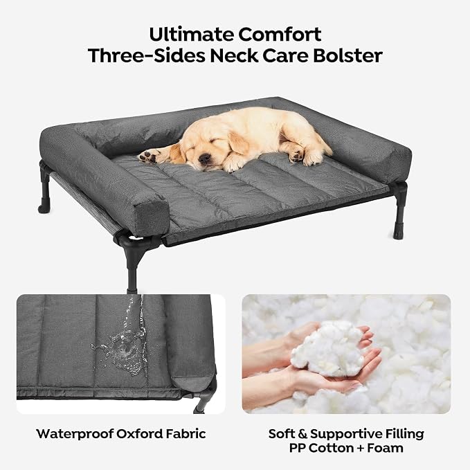 Veehoo Outdoor Elevated Dog Bed with Waterproof Bolster Cushion, Cooling | Raised Dog Bed with Removable & Washable Mat Topper, Breathable Mesh, Dog Couch Cot for Indoor Outdoor, 32", Medium, Melange