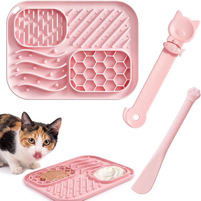 3 Piece Cat Slow Feeder Bowl Set, Silicone Lick Mat,Treat Dispenser with Long Handle Spoon, Non Slip Spill Proof for Indoor & Travel (Pink)