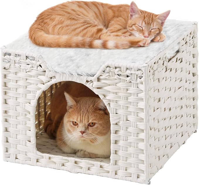 SETVSON Cat Beds Indoor Kitten House, Handwoven Rattan Cave, White | 2-in-1 Kitty Condo with Top Perch & Bottom Cave, Furry Canvas Dual Cushion, 2 S-Hooks, Steel Frame, 16.5x16.5x13.2 In