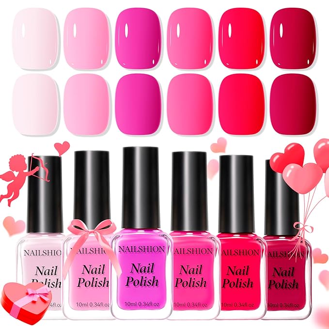 Hot Pink Nail Polish Set - 6 Colors Neon Pink Light Pink Shades Pastel Pink Air Dry Regular Nail Polish Pack for All Skin Tones, Rich in Castor Oil, Non Gel, Salon-Quality Nail Art Gift