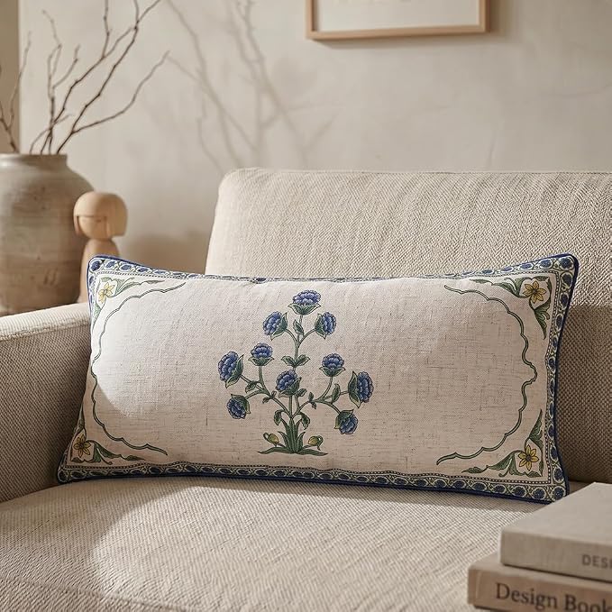 patdrea Designer French Vintage Linen Throw Pillow Cover,12"x28"-Ivar B | Vinage Decorative Pillow Case,Floral Pattern,White Pillow Cover for Couch Living Room Bedroom Sofa Outdoor
