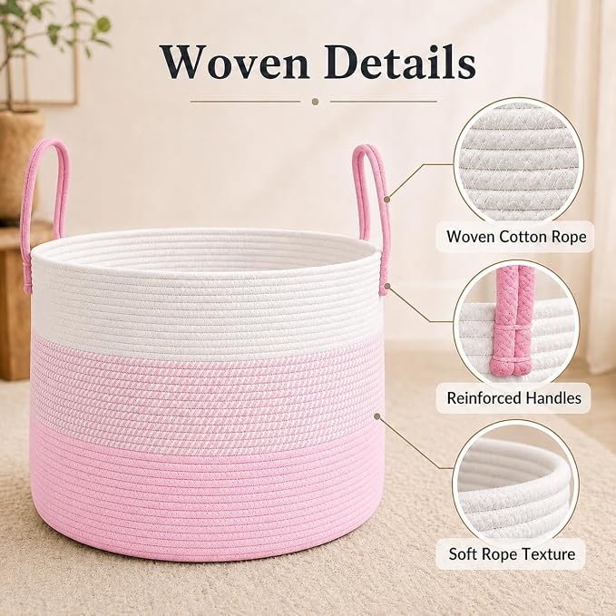 JMvicyroam 115L Extra Large Blanket Basket for Living Room - Woven Cotton Rope Laundry Hamper with Reinforced Handles - Storage Bin for Pillows, Comforters & Toys - Machine Washable,White&Pink Mix