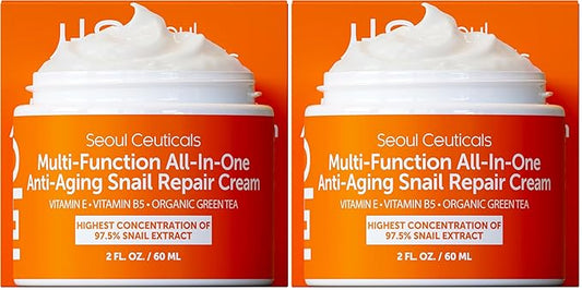 SeoulCeuticals Snail Mucin Moisturizer 97.5% - Korean Skin Care Snail Repair Cream - Day & Night Anti Aging K Beauty Skincare Cruelty Free 2oz (Pack of 2)