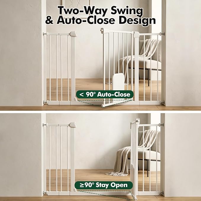 31-46“ Metal Pet Gate with Cat Door, Auto Close,White | Pressure Mounted,Two-way swing door,Pressure mounted no drill setup,adjustable 31-46in width for indoor doorways & stairs