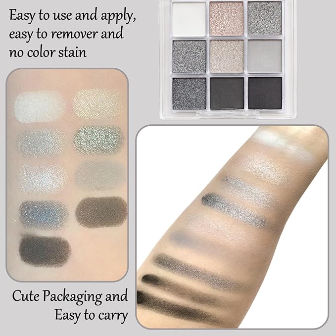 Black Grey Smoky Eyeshadow Palette,15 Colors Matte Shimmer Pigmented Eye Shadow Makeup Palette Set with 3 Eyeshadow Brushes,Glitter Eye Shadow Palette for Daily Halloween Goth Makeup(D)