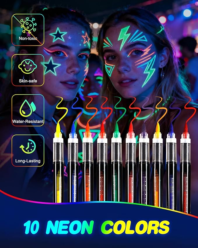 Oiomniv Glow in The Dark Face Paint Markers, 10 Colors UV Neon Body Paint Pens, Waterproof & Skin-Safe Blacklight Tattoo Markers, Washable Temporary Tattoo Pens for Christmas, Festivals & Parties