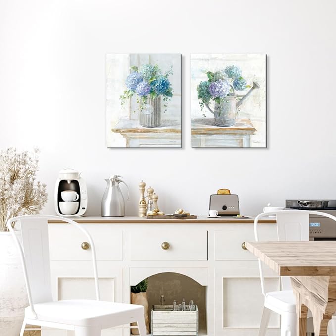 Blue Hydrangea Bathroom Wall Art 2 pcs Farmhouse Rustic Flower Art Botanical Floral Posters Paintings Framed Artwork for Dining Room kitchen Bedroom Living Room 12"x16"