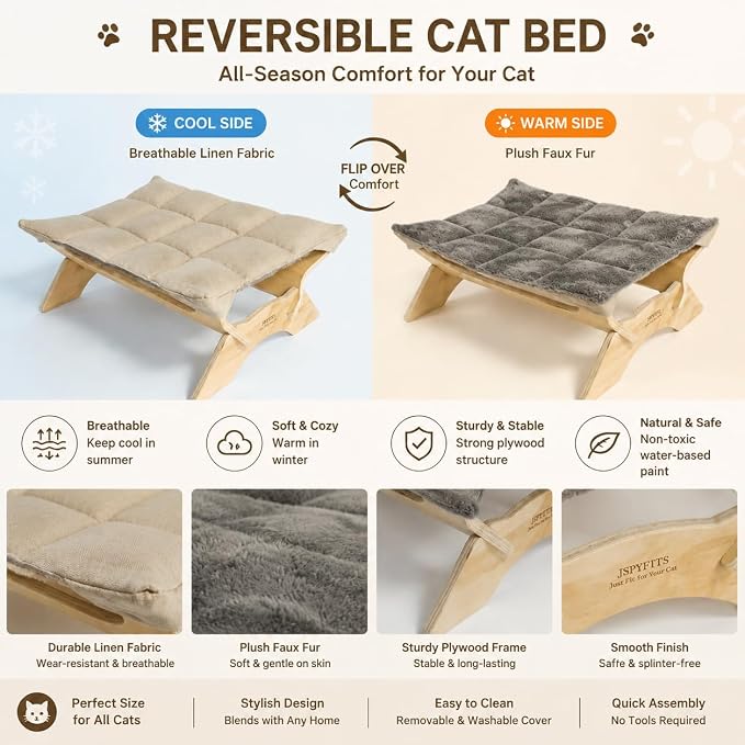 JSPYFITS Elevated Cat Bed Hammock, Raised Cat Bed with Dual-Sided Plush & Linen Cushion, Machine Washable & Breathable Cover Tool Free Easy Assembly, up to 66Lbs (Gray)