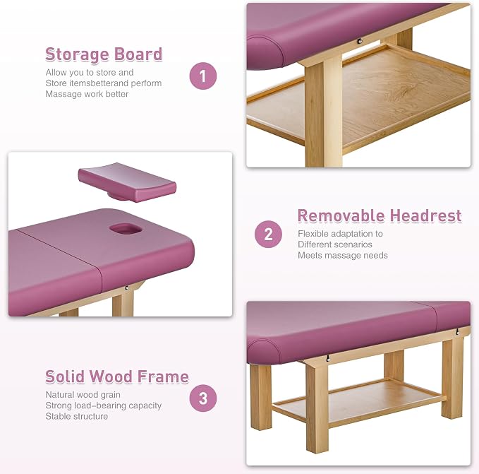 Heavy Duty Frame Professional Massage Table with Adjustable Backrest & Height Legs & Face Pillow, PU Leather, for Treatment, Physical Therapy, Spa Facial Professional Massage (Wood, Red)