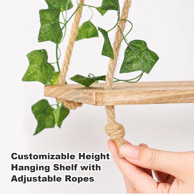 RICHER HOUSE Hanging Floating Shelves No Drill, Macrame Plant Wall Shelf | 2 Set Boho Trinket Shelf with Artificial Ivy and LED Lights, Wall Art Aesthetic Decor, for Bedroom, Dorm, Two-Way Install