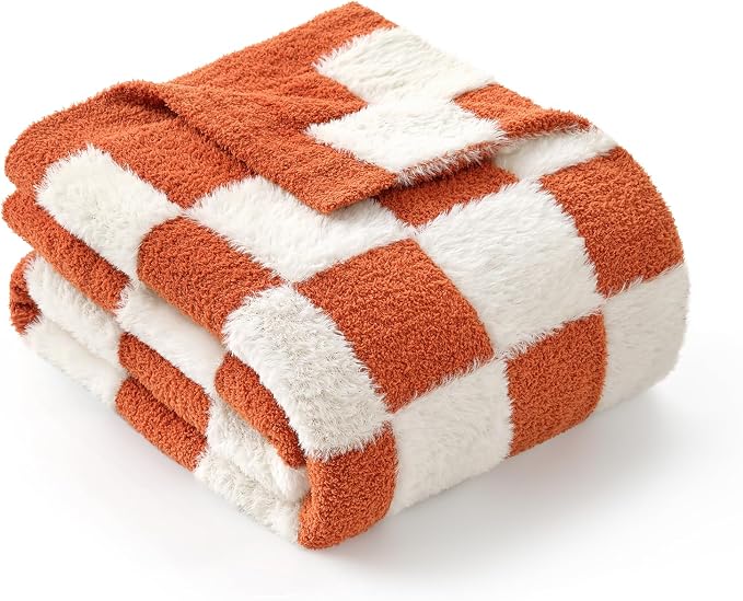 Snuggle Sac Orange Throw Blanket for Fall,Soft Twin Size Fall Checkered Blanket for Couch, Cozy Faux Fur Knit Microfiber Blankets for Sofa, Bed, Orange Checker,60x80 inches