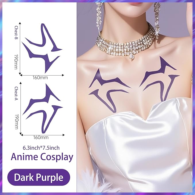 Rumi Tattoos Body Set–10 Purple Pieces per Pack (1 Face, 2 Chest, 2 Upper Arm, 2 Forearm, 1 Waist, 2 Thighs Symmetrical), Temporary Body Tattoos, Waterproof & Skin-Safe (Purple, 2 Pack)