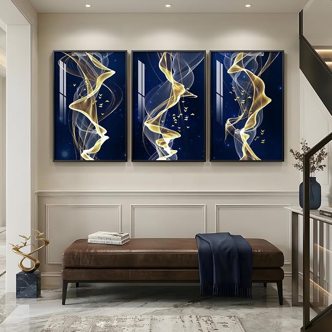 Large Framed Modern Blue and Gold Wall Art for Living Room, 3 Piece Abstract Artwork for Walls, Contemporary Luxury Line Picture Prints Paintings for Dining Room Office Hallway, 24x36 Inch