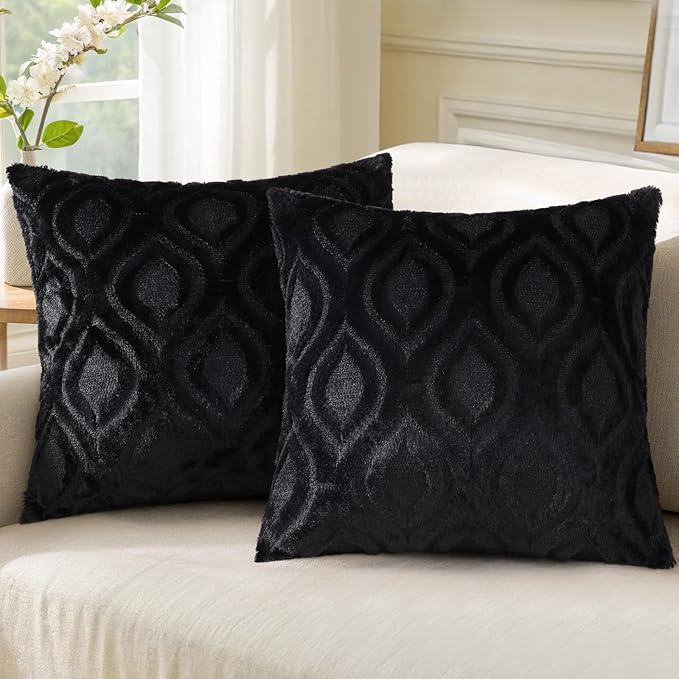 decorUhome Faux Fur Plush Soft Black Throw Pillow Covers 24x24 Set of 2 | Wool Solid Fall Couch Pillow Covers, Accent Modern Farmhouse Neutral Decorative Square Pillow Cases for Sofa Bed Living Room