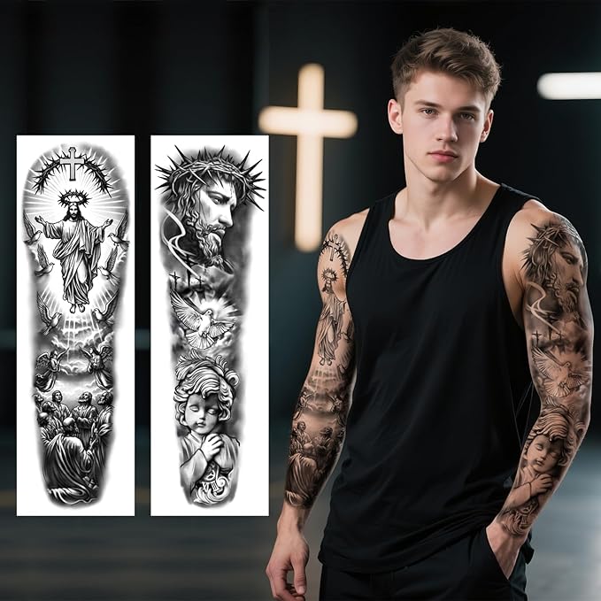 48 PCS Large Christian Temporary Tattoos Stickers Adult Men Women Kids Full Half Arm Sleeve Jesus Cross God Christ Catholic Religious Realistic Body Shoulder Arm Fake Tattoos Stickers Waterproof