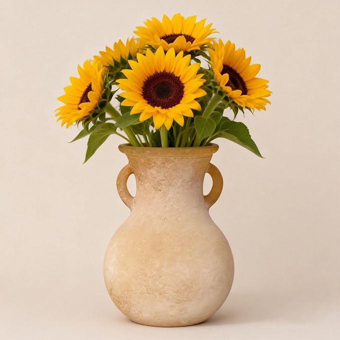 Brown Glass Vase with Handles - 7.5 Inch Rustic Terracotta Style Flower Vase, Vintage Decorative Round Bud Jar for Dried Flowers, Earthy Aesthetic Centerpiece for Modern Farmhouse & Boho Home Decor