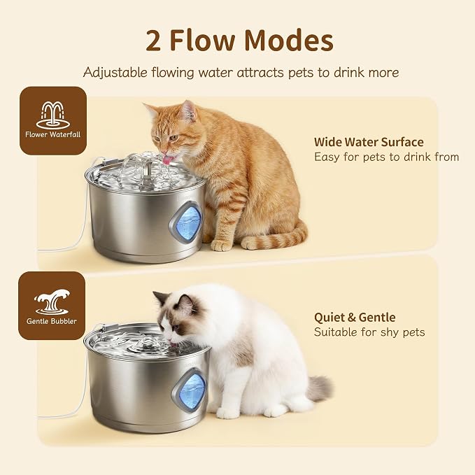 Cat Water Fountain Stainless Steel, 2.8L Quiet Dog Water Fountain | Automatic Quiet Pet Drinking Fountain, Water Level Window, 2 Filters & 2 Sponges - Gift for Small Animals like Dog & Kitty
