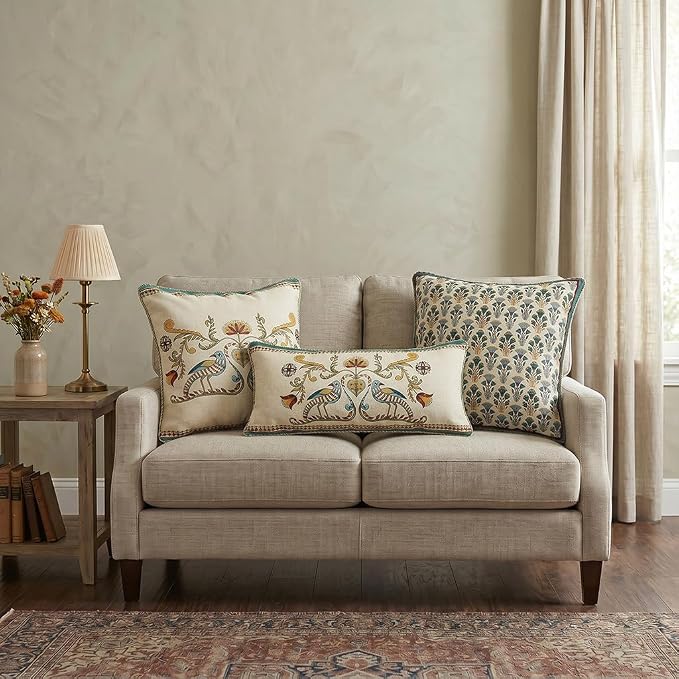 patdrea French Vintage Linen Throw Pillow Cover,12"x28",Set of 2-Wensel C | Decorative Pillow Case,Bird and Floral Pattern,Cushion Coverfor Couch Living Room Bedroom Sofa