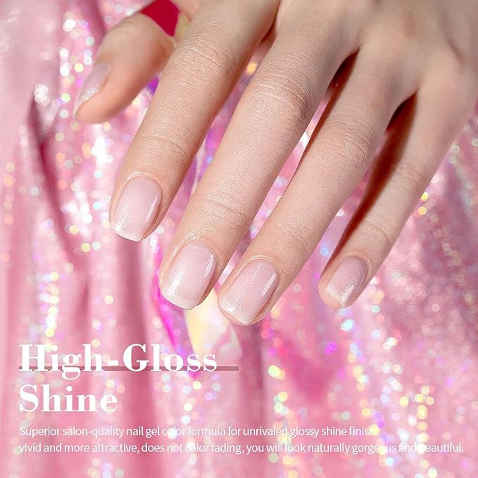 RARJSM Nude Gel Nail Polish Pale Pink Jelly Shimmery Nail Gel Polish Sparkly Silver Glitter Translucent Milky Pink French Manicure Natural Skin Tone Color 15ml Soak off UV LED Cured Nail Art Salon
