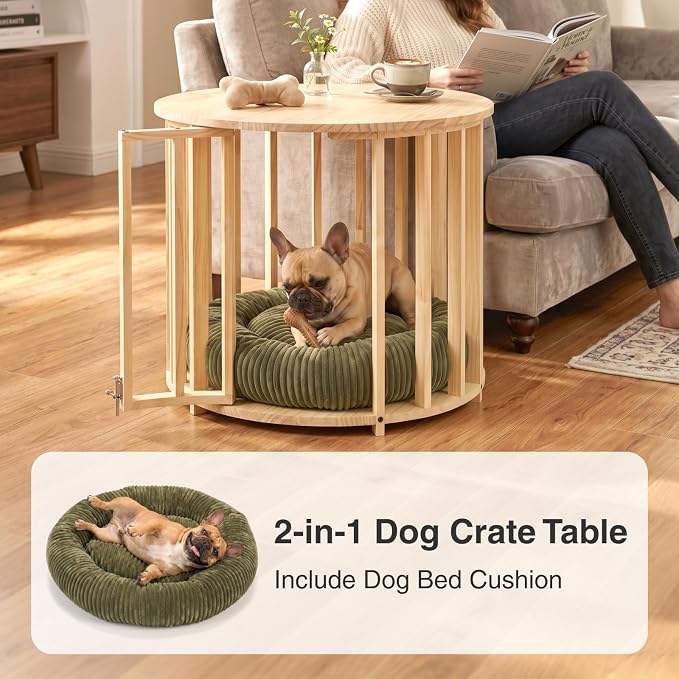 Veehoo Dog Crate Furniture, Round Cat Coffee Table with Cat Bed | Dog crate end table with dogs bed, wooden dog house, for small dogs & cats, 25.6" Dia. x 20.5" H, easy assembly