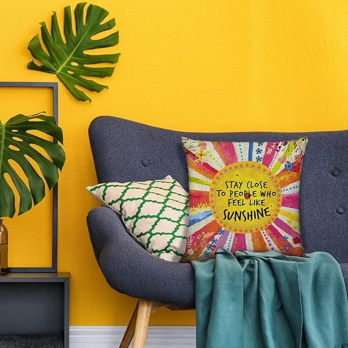 Littlefa Stay Close to People Who Feel Like Sunshine Throw Pillow Cover | Bright Colorful Throw Pillow Cover Cute Decorative Pillowcase with Inspirational Saying, Inspiring Sunshine Gifts for Women F