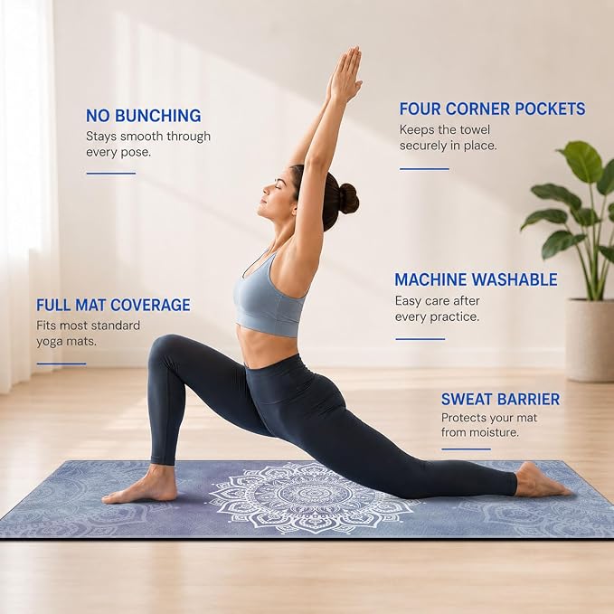 Yoga Mat Towel, Hot Yoga Non Slip with 4 Corner Pockets, 70 x 26 in | Soft Absorbent Microfiber With Four Corner Pockets, Fits Over Yoga Mats For Hot Yoga, Pilates, Gym, And Travel