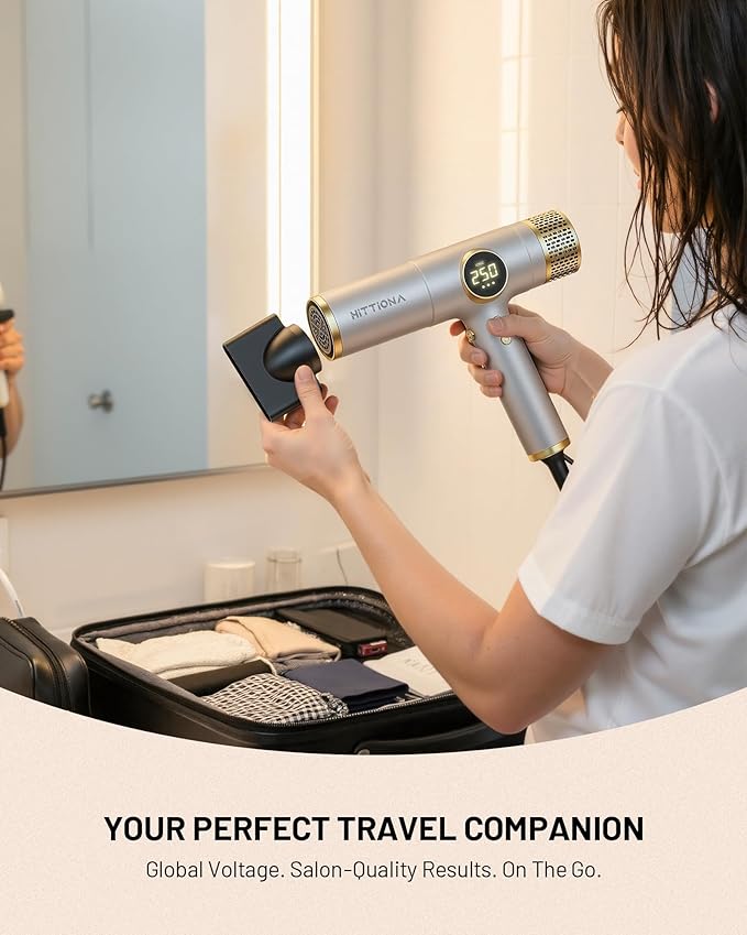 HITTIONA Dual Voltage Travel Hair Dryer with Magnetic Diffuser - 2000W High-Speed Ionic Hair Dryers Gift for Women, Fast Drying, Low Noise, Lightweight, No Heat Damage, European Travel 110V-240V, Gold