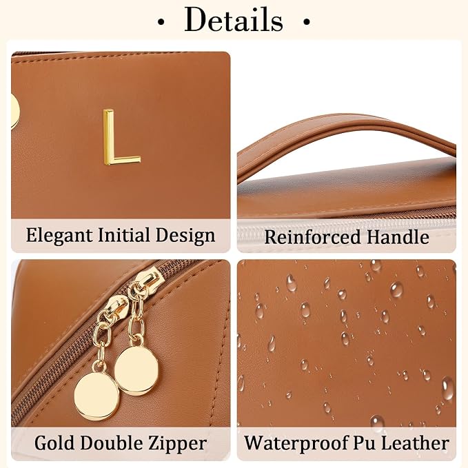 KKXIU Initial Makeup Bag for Women - Personalized Makeup Bag Gifts for Women, Travel Toiletry Bag with PU Leather, Open Flat Design with Top Handle, Cosmetic Bag Set with Multi-Pocket (Brown,L)