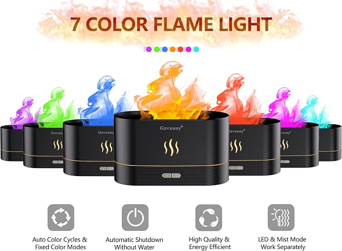 Flame Essential Oil Diffuser, Upgrade 7 Colour Lights Aromatherapy Diffuser, Super Quiet Air Humidifier, Electric Aroma Diffuser, Waterless Auto-Off for Home Office Room - Black