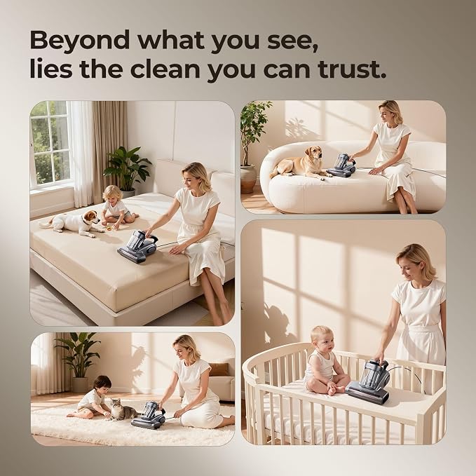 JIGOO J300 Bed Vacuum Cleaner, Dust Sensor, Pet Hair, UV and Heat, Corded | Deep-clean mattress vacuum cleaner, 500W motor, 13Kpa suction, UV-C light and 130°F heat for beds, sofas, Gray