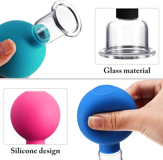 BBTO 4 Pcs Glass Facial Cupping Set Silicone Vacuum Suction Massage Cups Skin Tightening Therapy for Face Body Eyes Back Shoulder Pain(Multicolor)