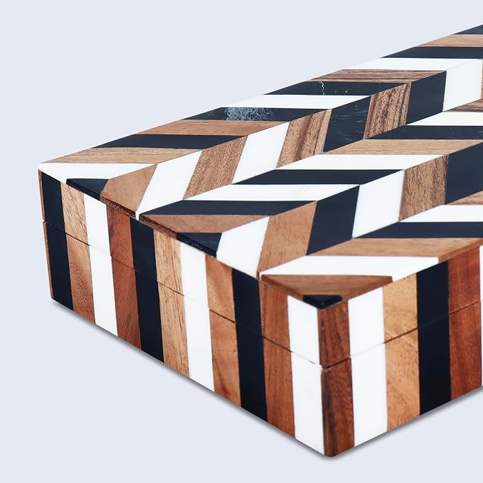 Handicrafts Home Large Decorative Storage Box with Lid Wooden Decorative Box Large Storage Box for Living Room, Mental Decor– Natural Wood Resin Inlay Marquet Cosmo Collection- 12x6x2