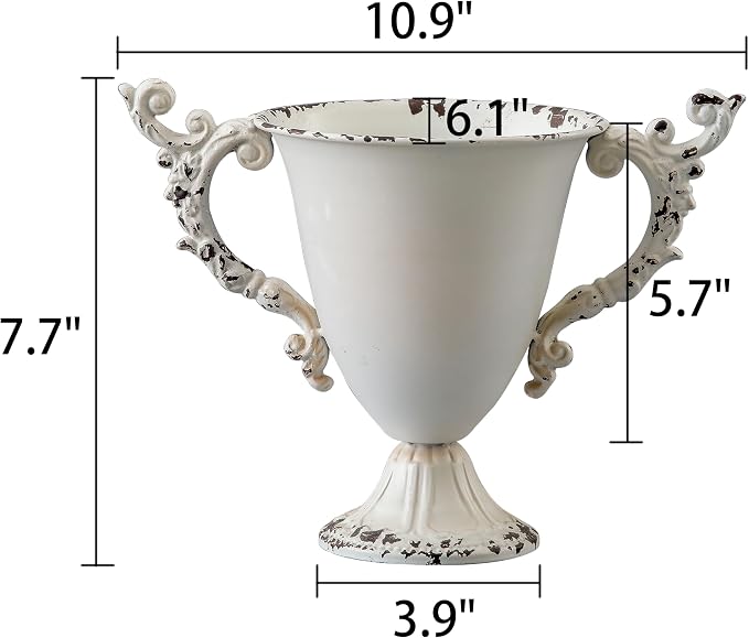 SOFE Shabby Chic White Urn Vases for Table, Small Metal Flower Vase 8" H | Distressed White Design, Lightweight, Suit for Holding Fresh Flowers, Dried Arrangements, Weddings, Housewarming Parties