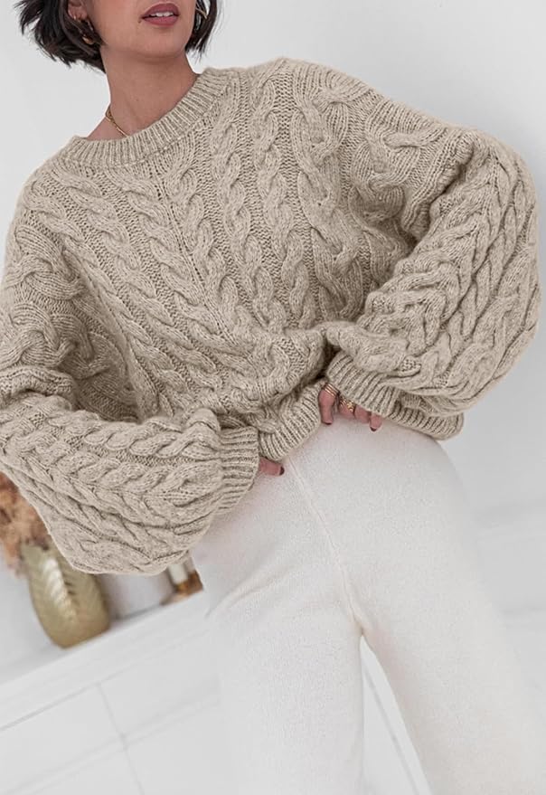 PRETTYGARDEN Womens Sweaters Spring 2026 Cable Knit Long Sleeve Crewneck Oversized Sweater Chunky Pullover Loose Outfits