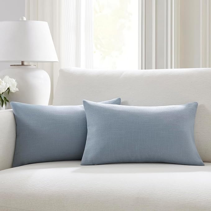 Meekio Set of 2 Powder Blue Throw Pillow Covers 12x20, Modern Farmhouse Linen Blend Decorative Pillow Covers for Couch Sofa Bed, Neutral Home Decor