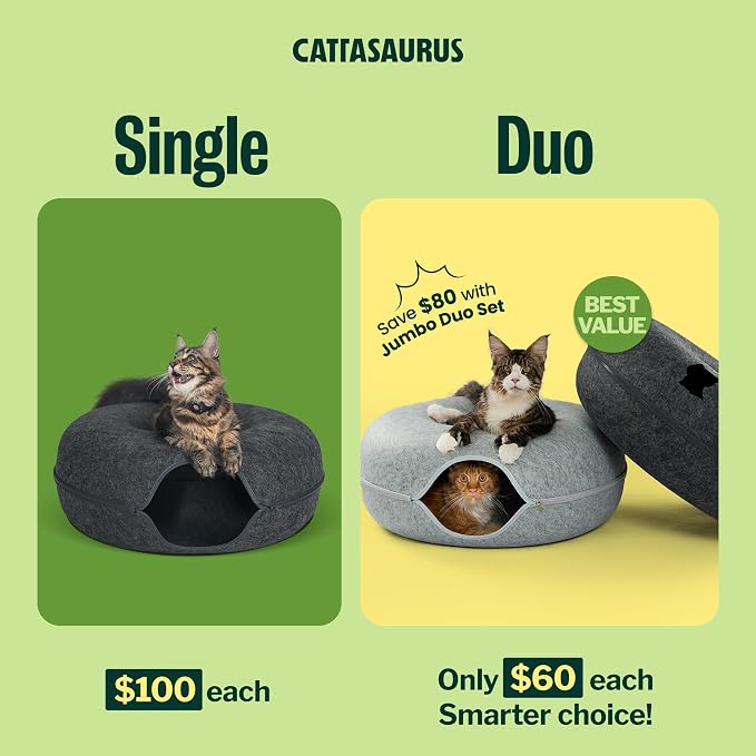 Peekaboo Cat Cave Duo Jumbo Set, Extra Spacious Cat Donut for Multiple & Large Kitty 15+ lbs, Scratch Detachable Cat Beds for Indoor Cats, Washable Cat Tunnel Bed, Best Kitten Toys