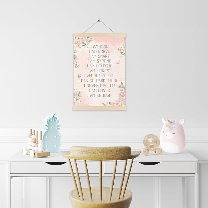 Koesus Inspirational Girls Nursery Wall Art Poster Hanger Frame 12x16 Inch, Boho Pink Floral Positive Affirmation Canvas Pictures Prints Framed Wall Decor for Toddler Girls Room Nursery Playroom